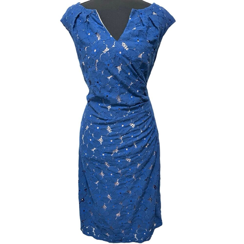 Adrianna Papell Dress Size 16 Blue Floral Lace Ruched Sheath Cocktail Wedding